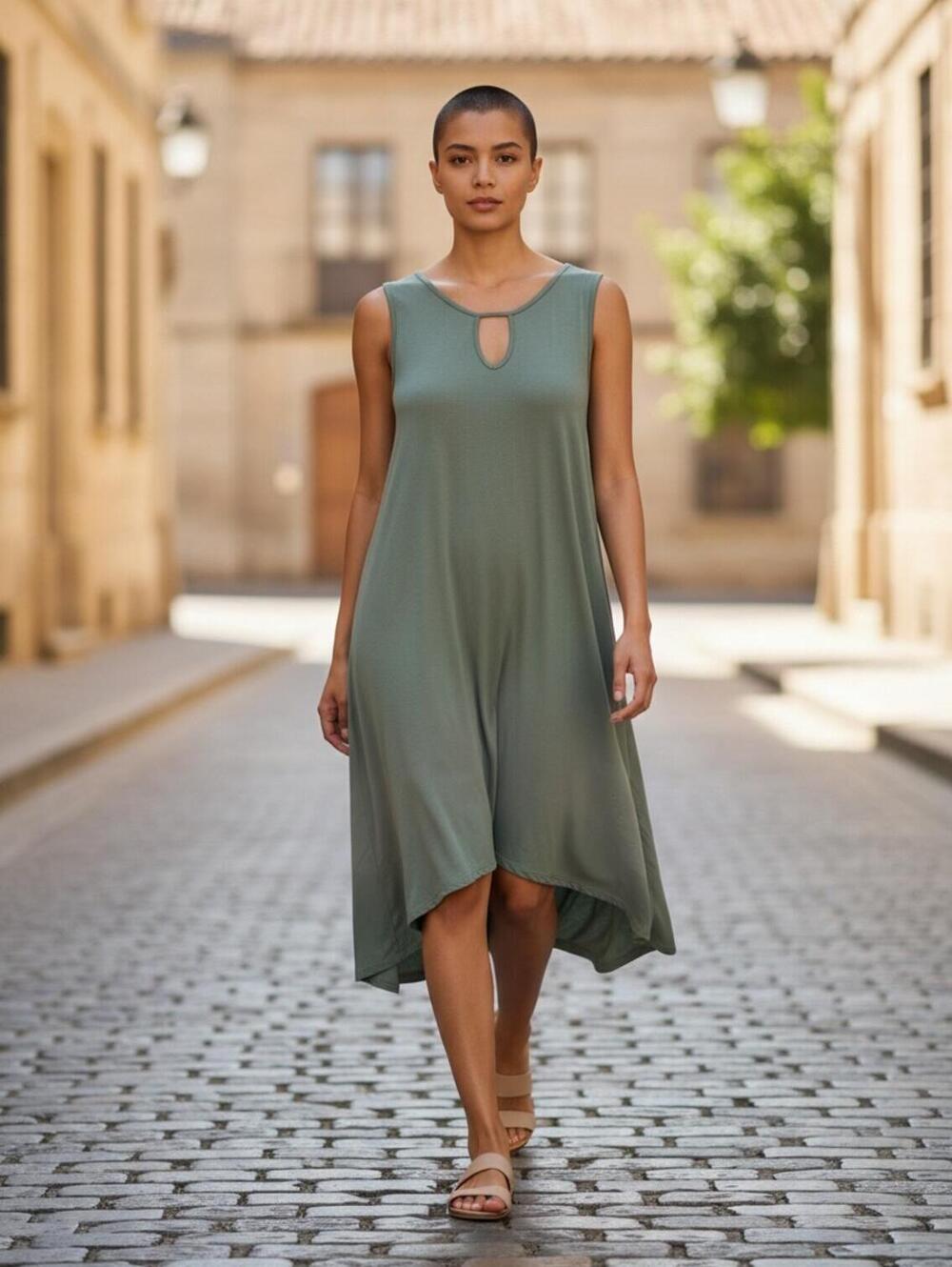 Sleeveless Sage Green Flowing Midi Dress lightweight Flowing Handkerchief